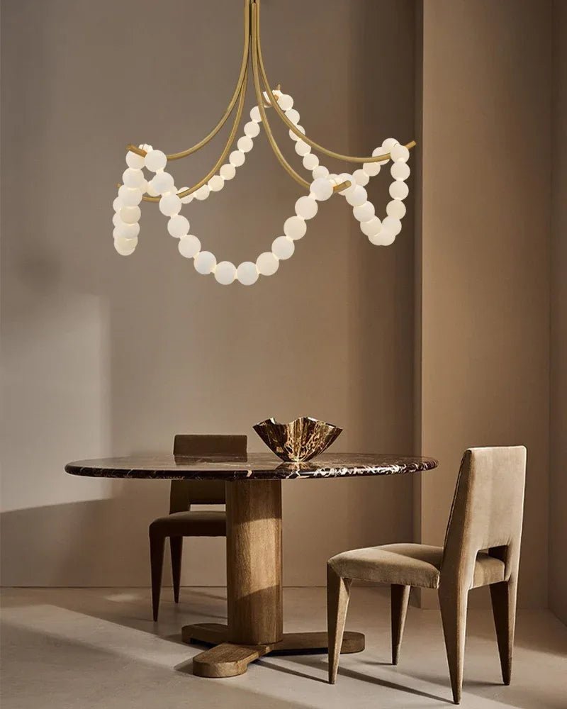 Cluster String Alabaster Beads Semi Flush Chandelier in Brass & Black Metal Rod - D117*H92CM/D46"*H36"Neutral Light (4000K)Brasswinglightingus