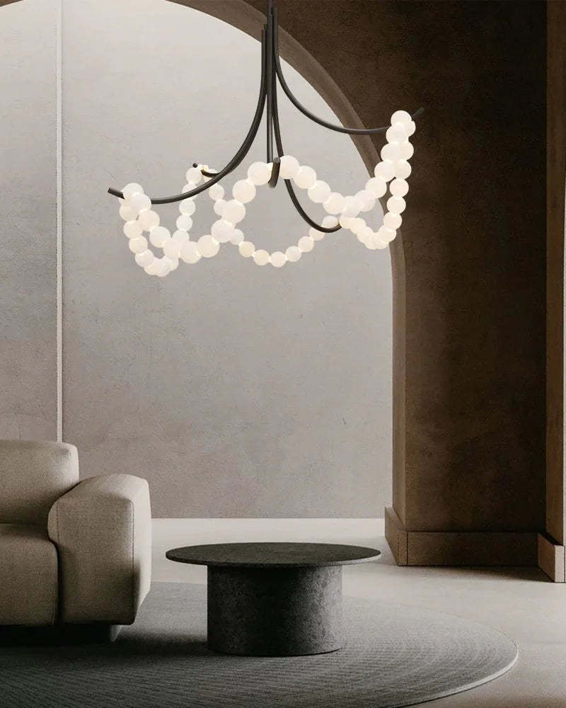 Cluster String Alabaster Beads Semi Flush Chandelier in Brass & Black Metal Rod - D117*H92CM/D46"*H36"Warm Light (3000K)Blackwinglightingus