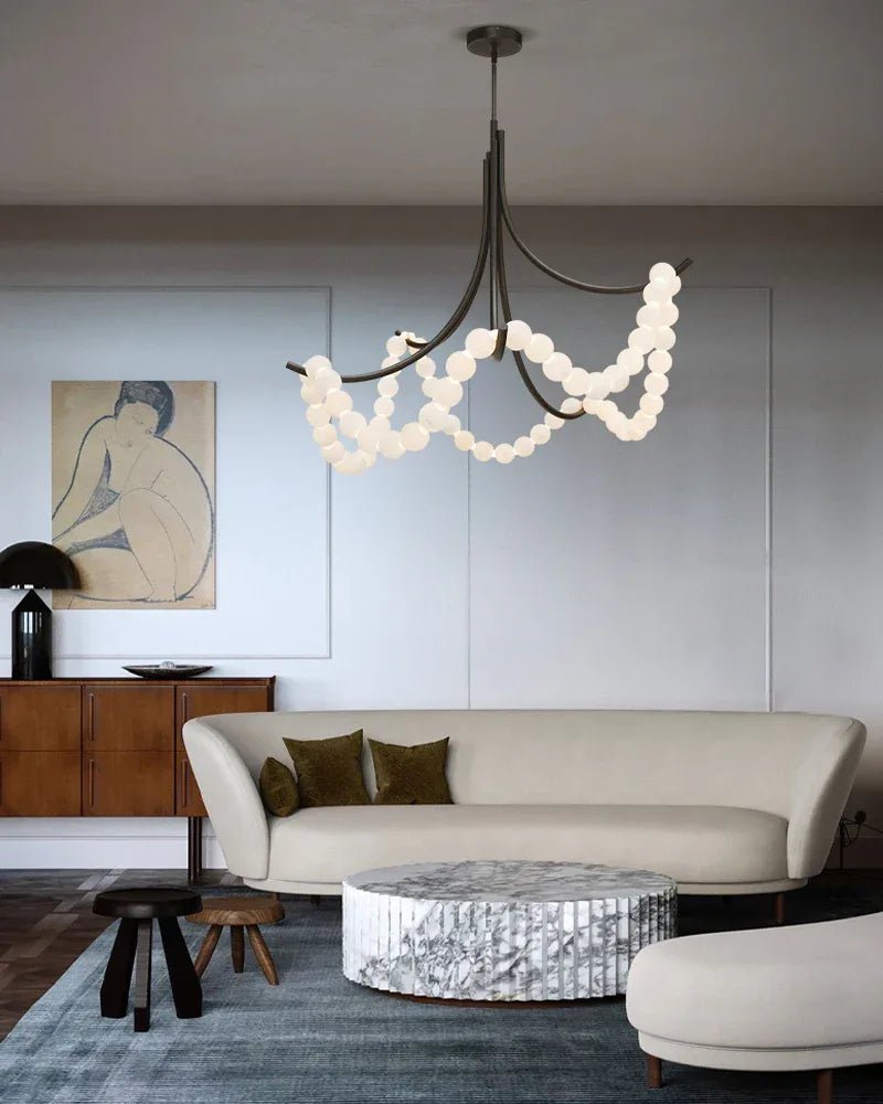 Cluster String Alabaster Beads Semi Flush Chandelier in Brass & Black Metal Rod - D117*H92CM/D46"*H36"Warm Light (3000K)Brasswinglightingus