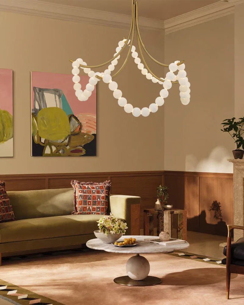 Cluster String Alabaster Beads Semi Flush Chandelier in Brass & Black Metal Rod - D117*H92CM/D46"*H36"Warm Light (3000K)Brasswinglightingus