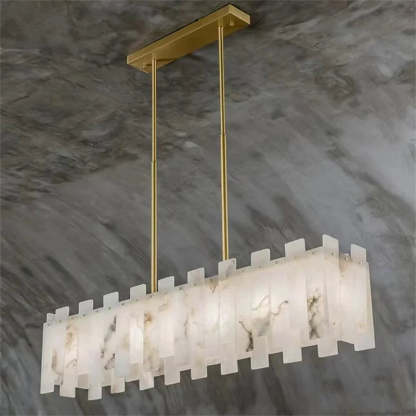 Jean Modern Marble Alabaster Linear Chandelier Over Dining Table chandelier Kevin Studio Inc