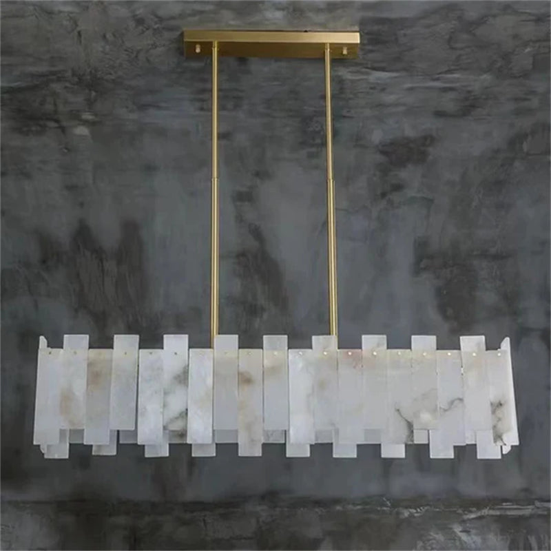 Jean Modern Marble Alabaster Linear Chandelier Over Dining Table chandelier Kevin Studio Inc