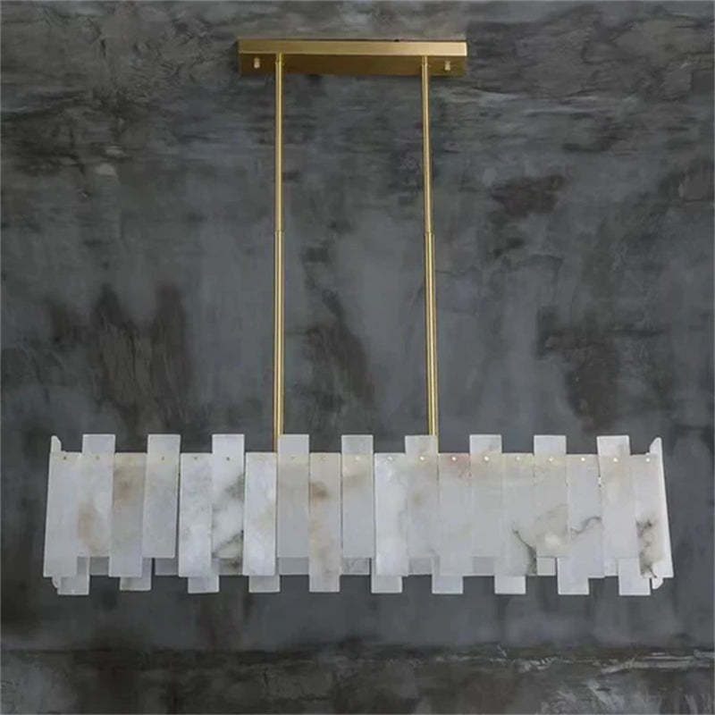 Jean Modern Marble Alabaster Linear Chandelier Over Dining Table chandelier Kevin Studio Inc