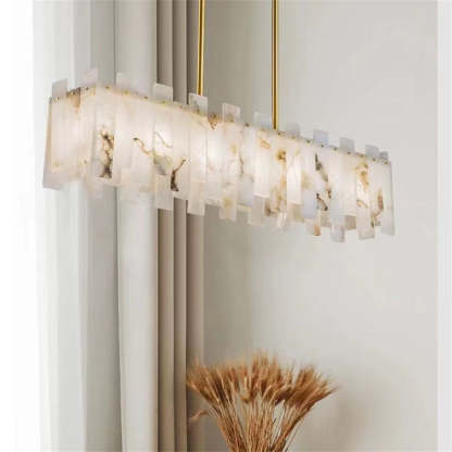 Jean Modern Marble Alabaster Linear Chandelier Over Dining Table chandelier Kevin Studio Inc