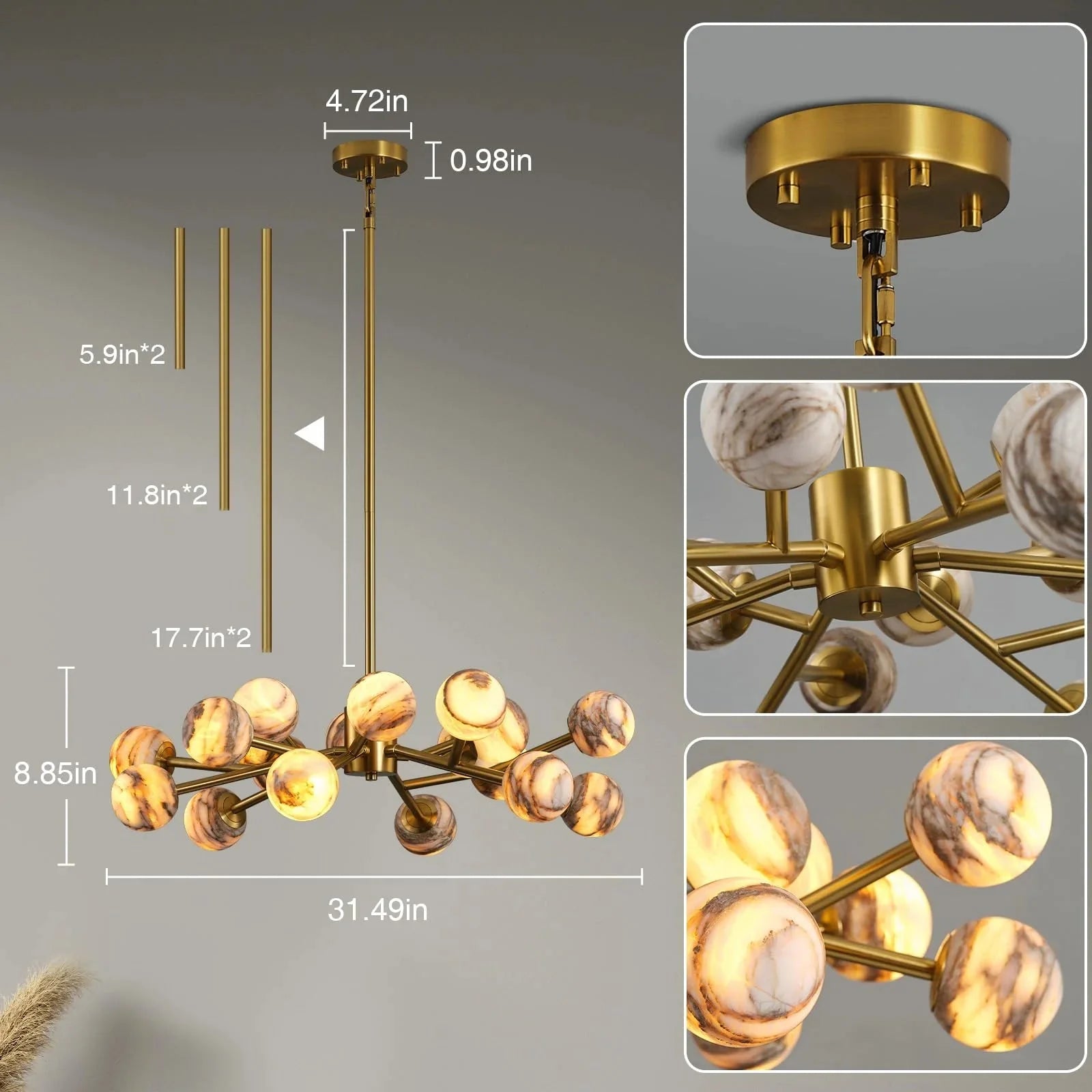 Mid Century Modern Sputnik 12 Light Gold Alabaster Globe Chandelier - winglightingus