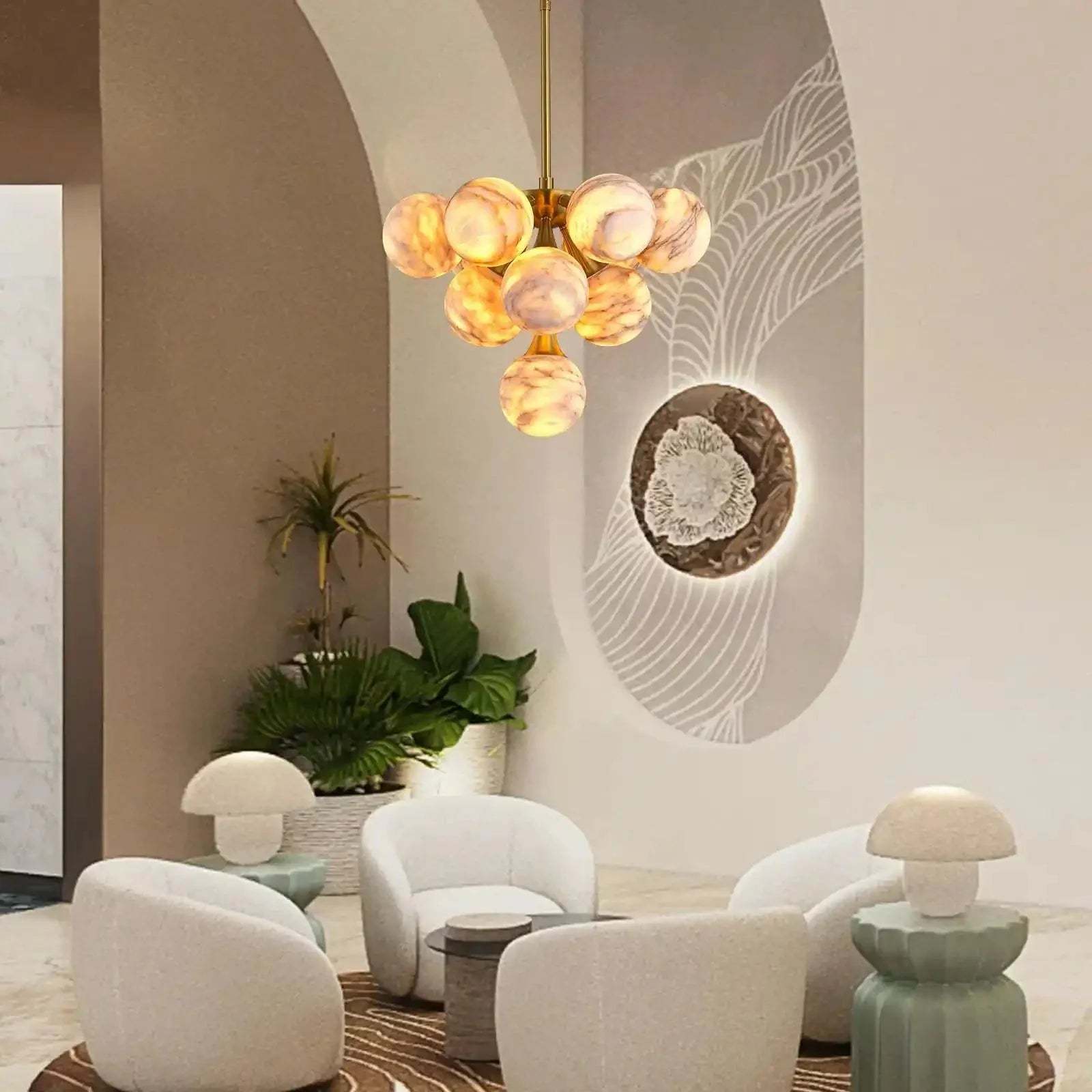 Mid Century Modern Sputnik 12 Light Gold Alabaster Globe Chandelier - winglightingus