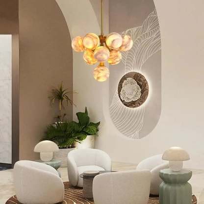 Mid Century Modern Sputnik 12 Light Gold Alabaster Globe Chandelier - winglightingus