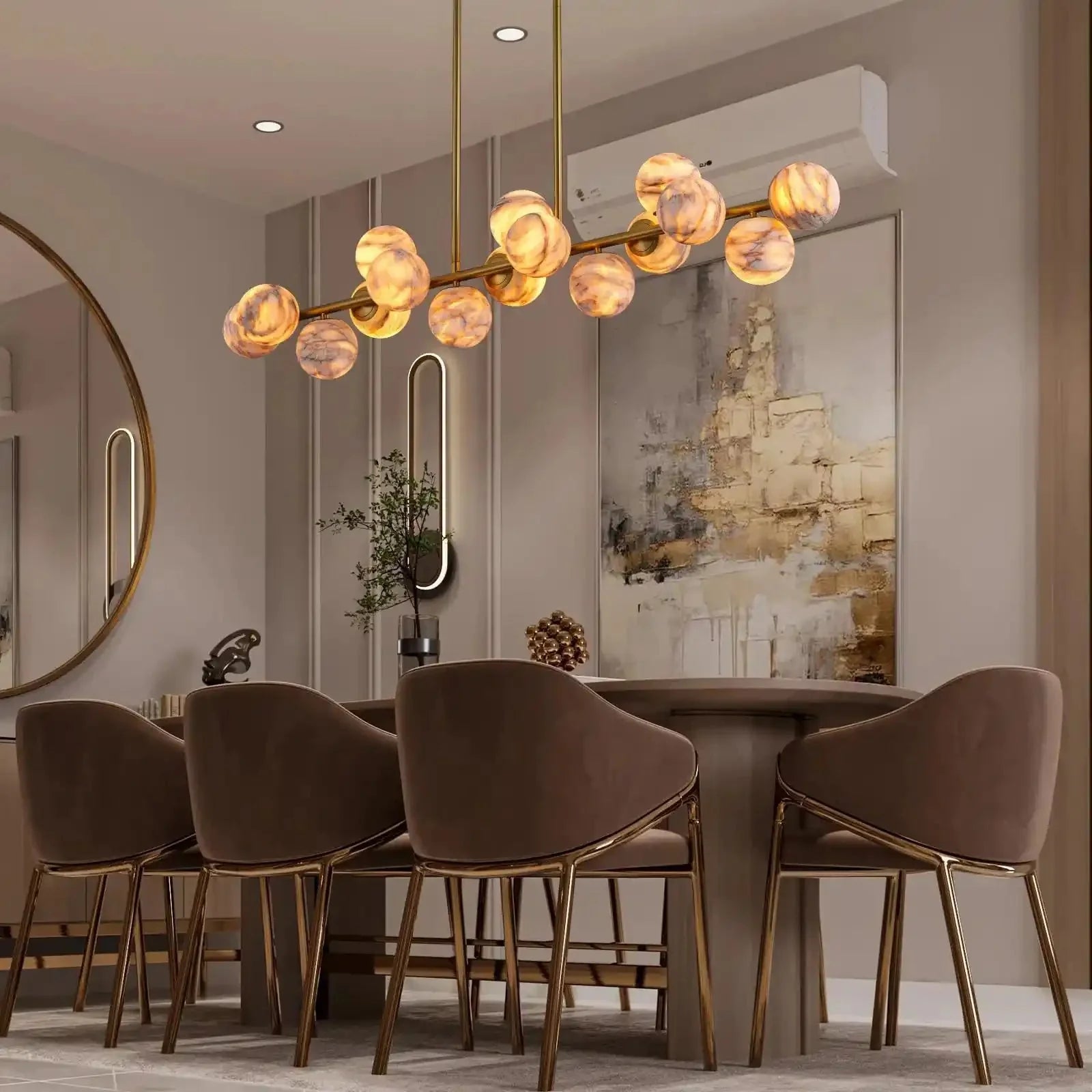 Mid Century Modern Sputnik 12 Light Gold Alabaster Globe Chandelier - winglightingus