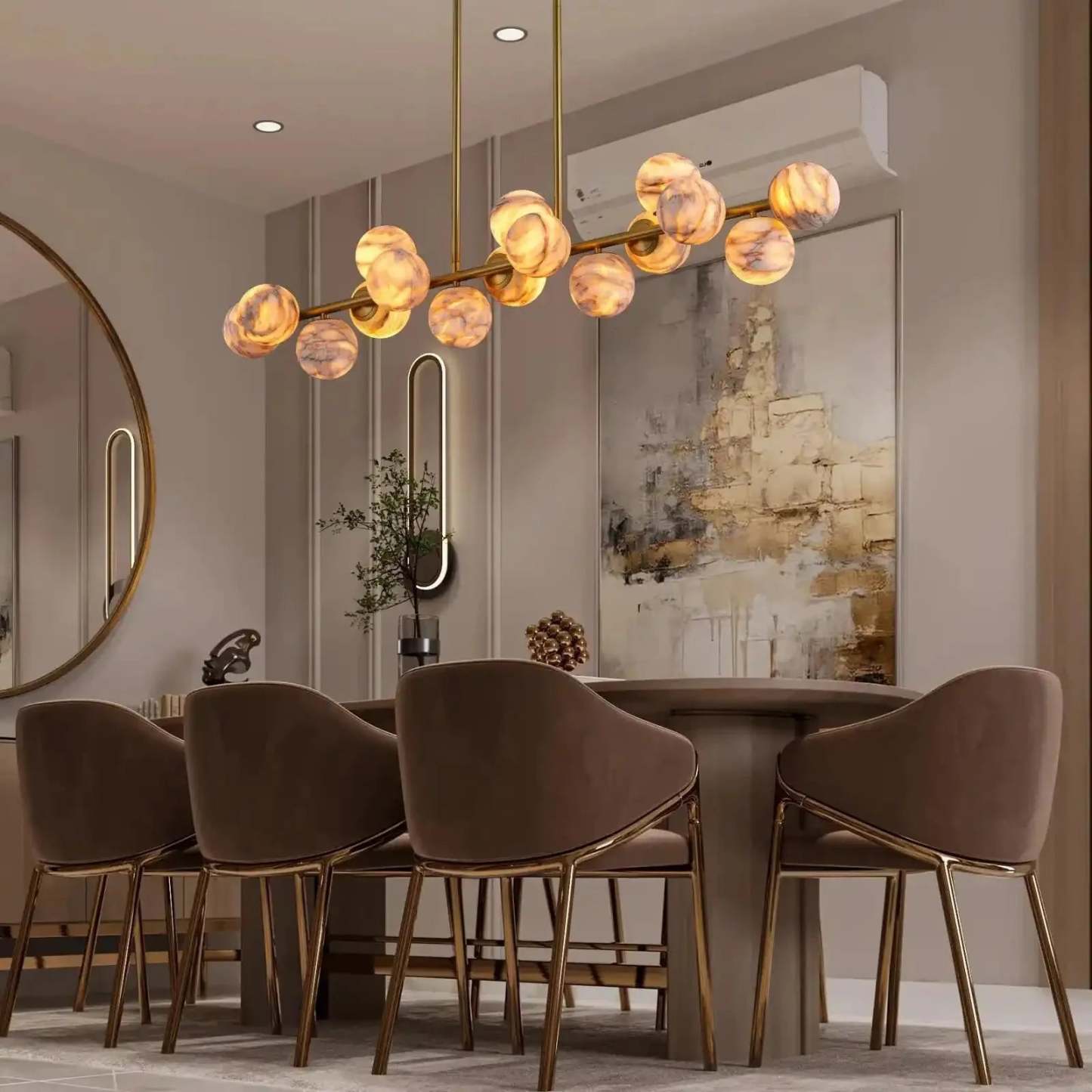 Mid Century Modern Sputnik 12 Light Gold Alabaster Globe Chandelier - winglightingus