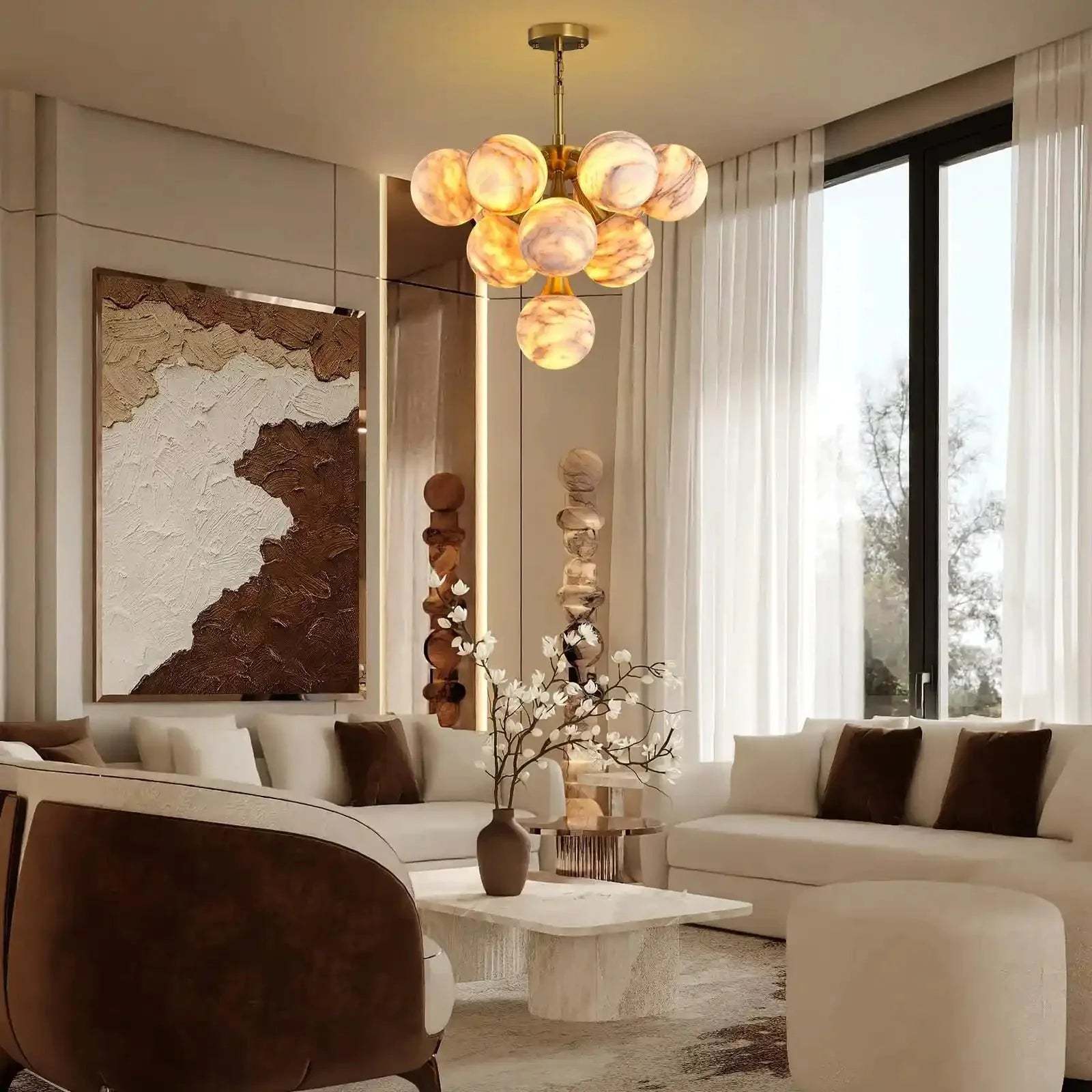 Mid Century Modern Sputnik 12 Light Gold Alabaster Globe Chandelier - winglightingus