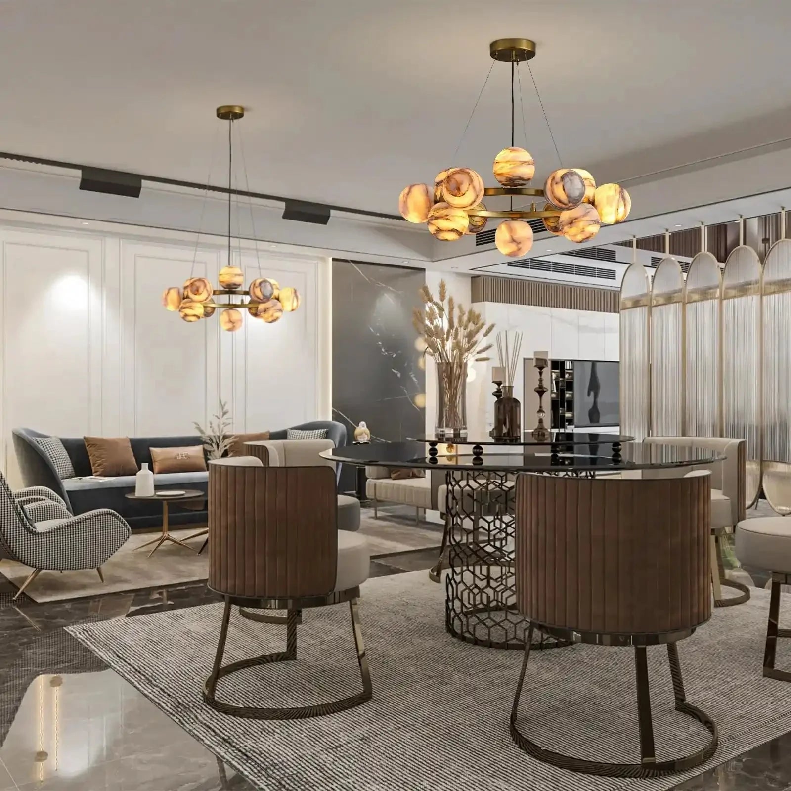 Mid Century Modern Sputnik 12 Light Gold Alabaster Globe Chandelier - winglightingus