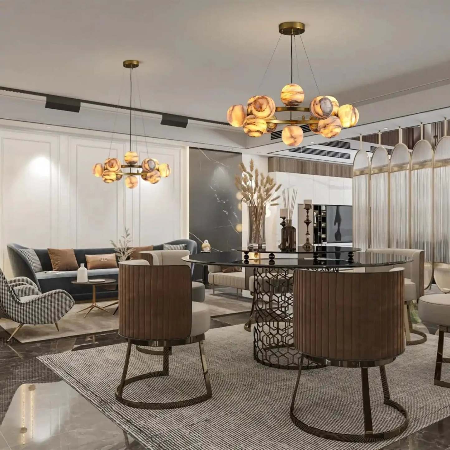 Mid Century Modern Sputnik 12 Light Gold Alabaster Globe Chandelier - winglightingus