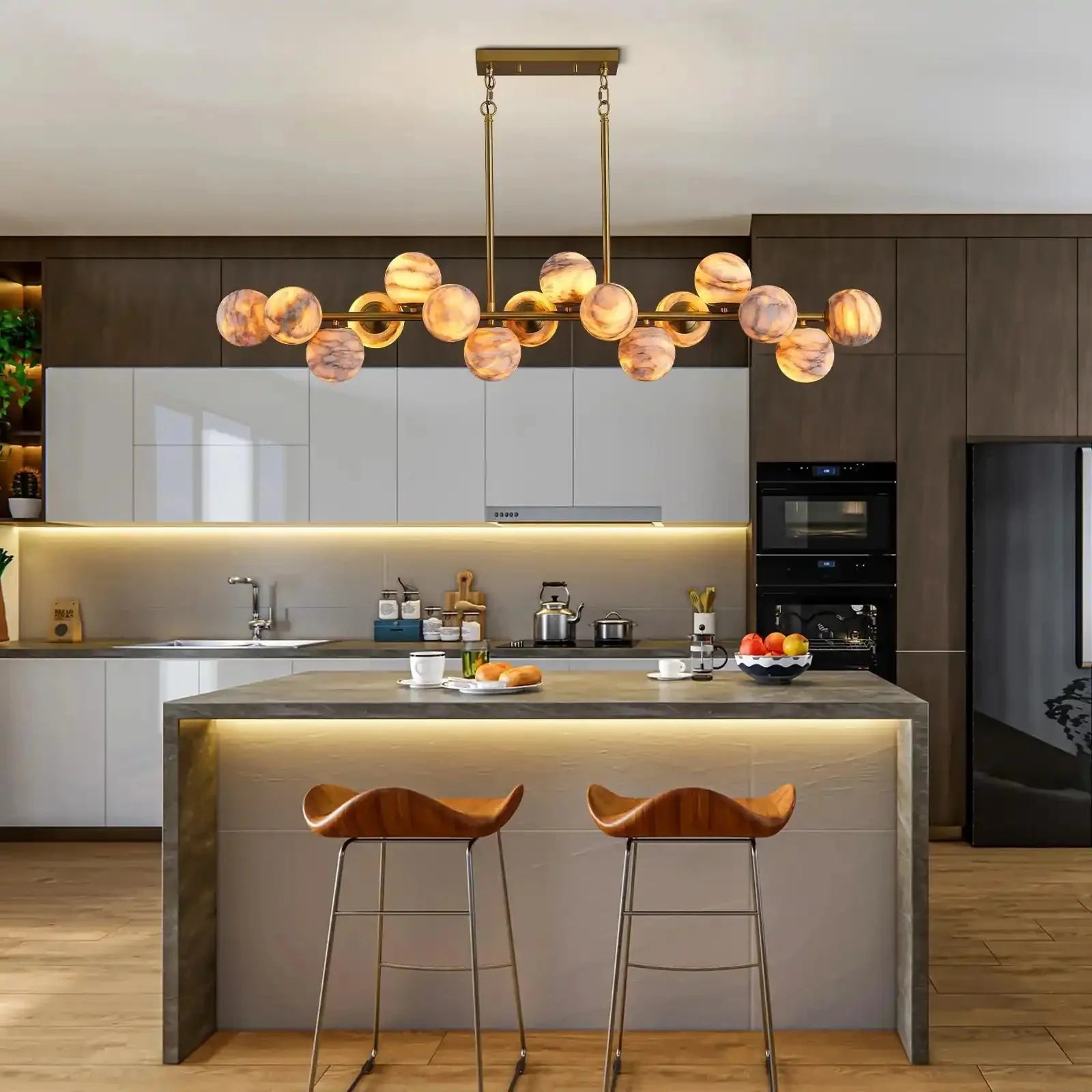 Mid Century Modern Sputnik 12 Light Gold Alabaster Globe Chandelier - winglightingus