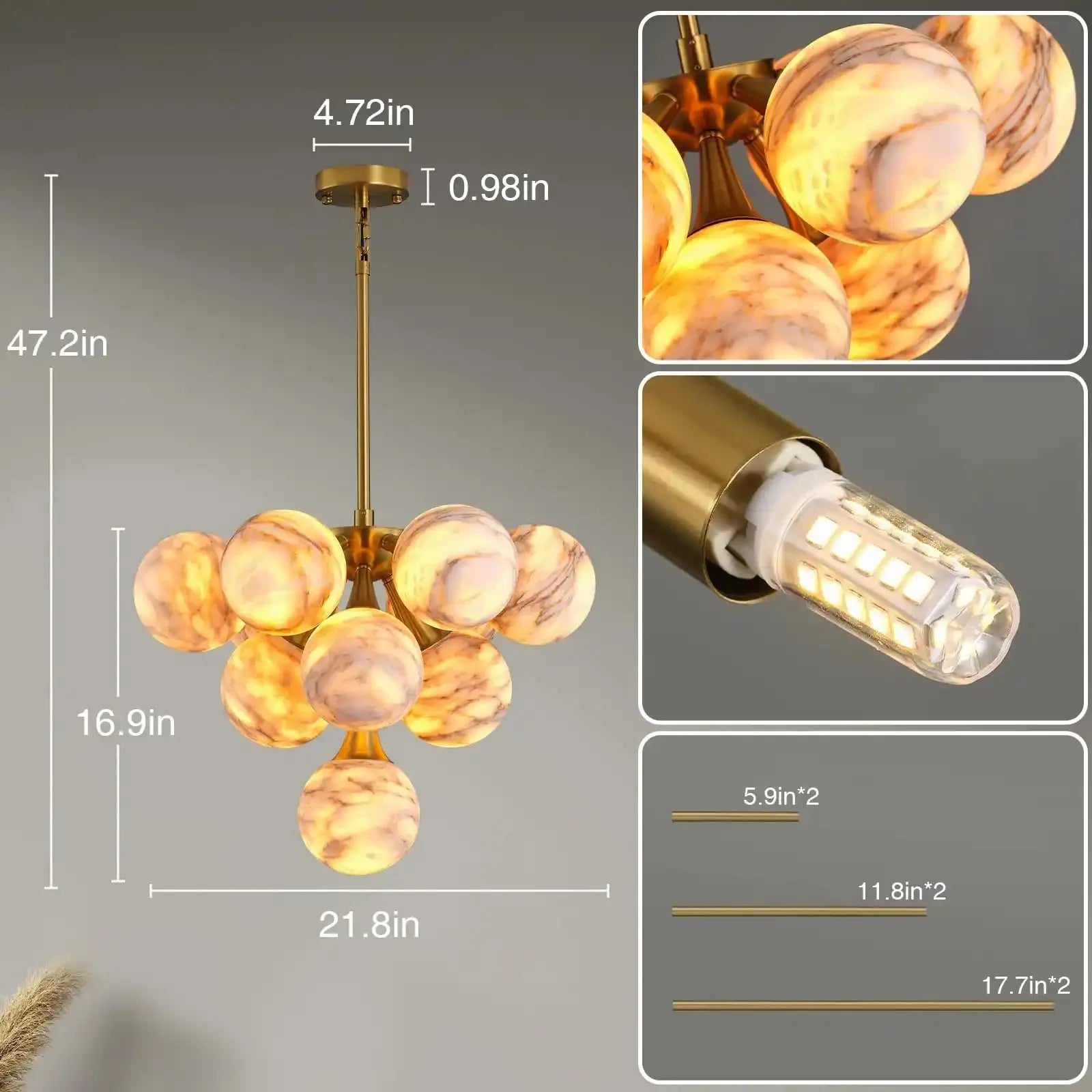 Mid Century Modern Sputnik 12 Light Gold Alabaster Globe Chandelier - winglightingus