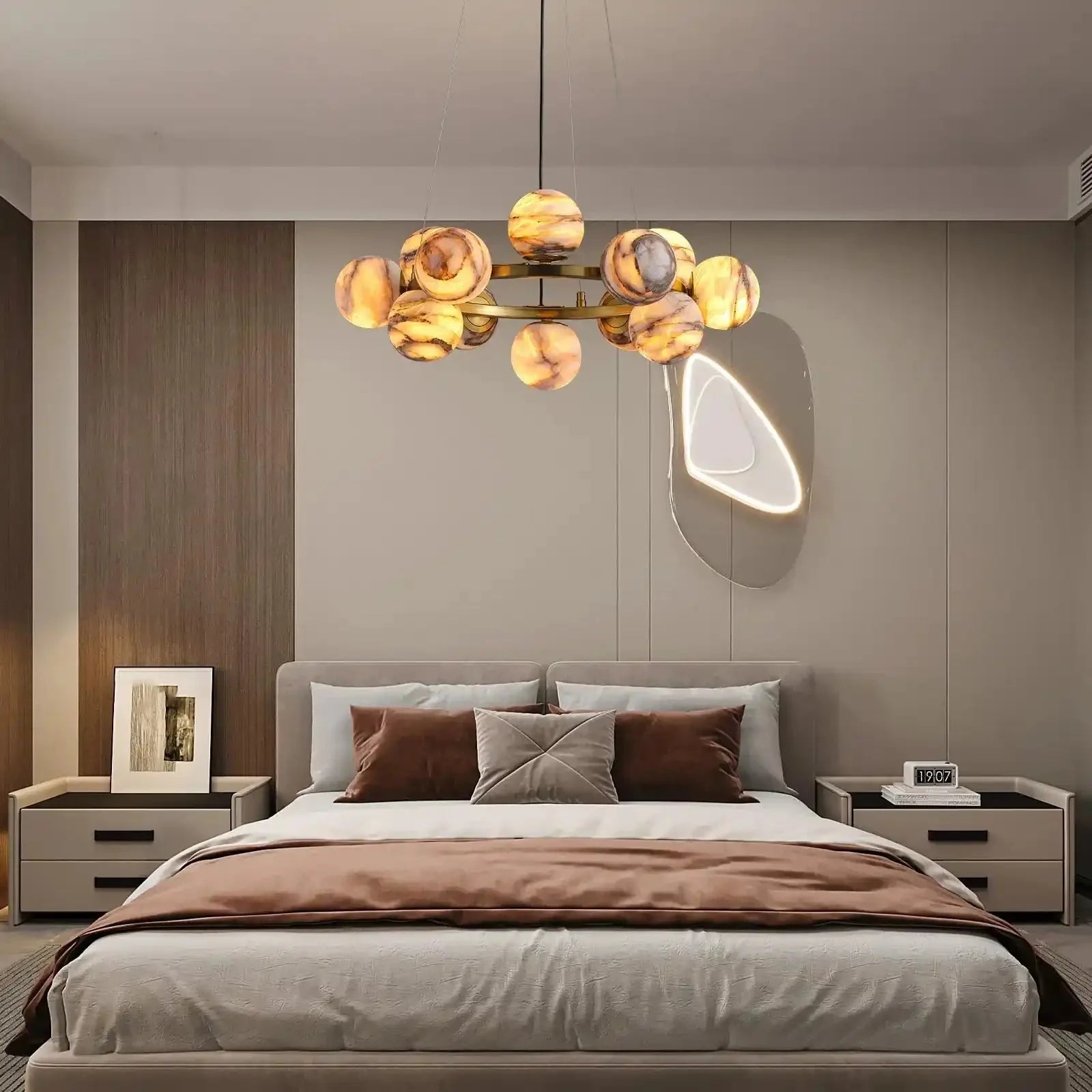 Mid Century Modern Sputnik 12 Light Gold Alabaster Globe Chandelier - winglightingus