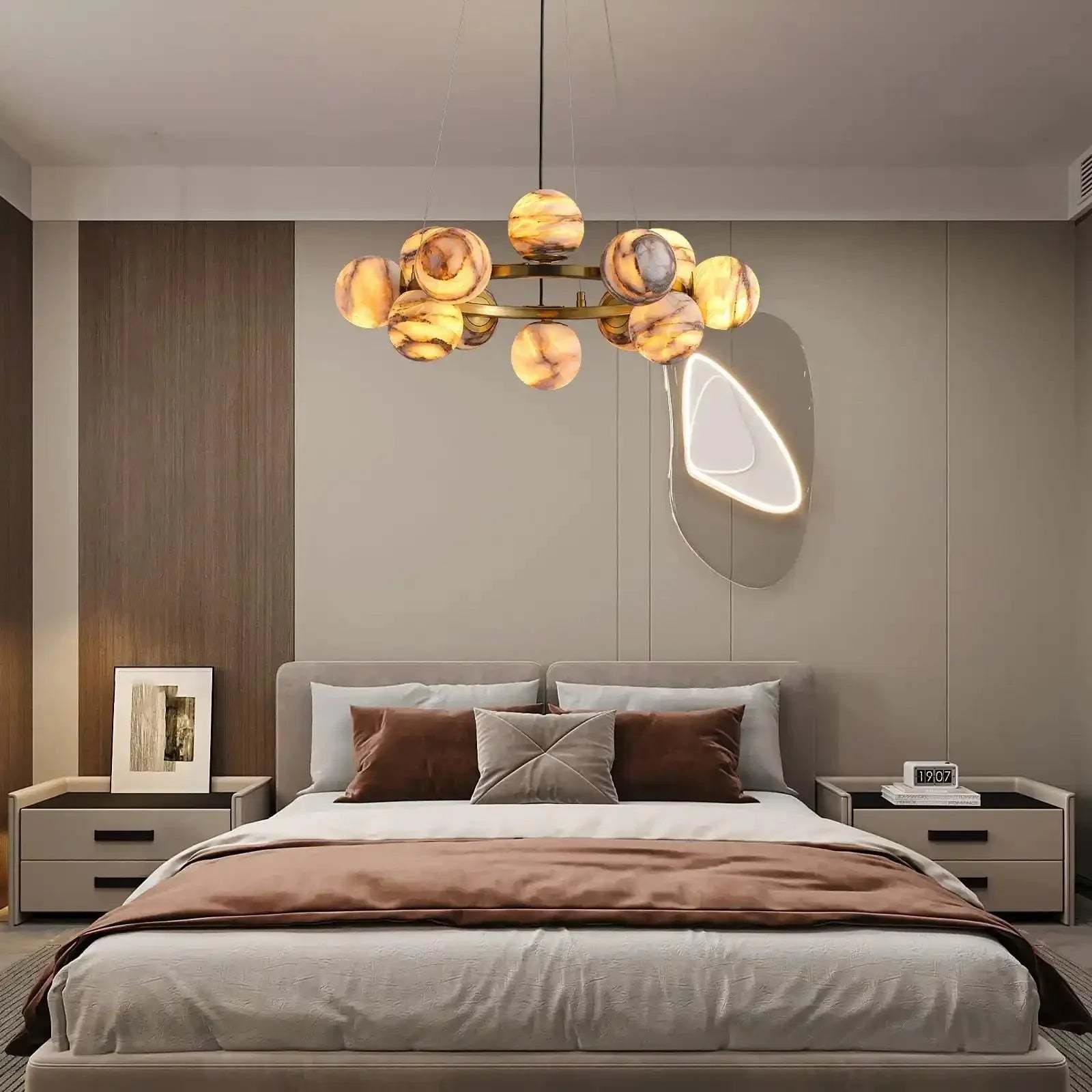 Mid Century Modern Sputnik 12 Light Gold Alabaster Globe Chandelier - winglightingus