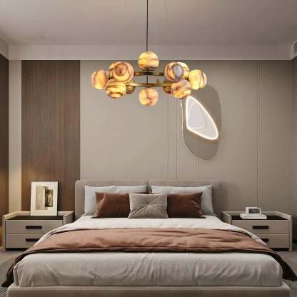 Mid Century Modern Sputnik 12 Light Gold Alabaster Globe Chandelier - winglightingus