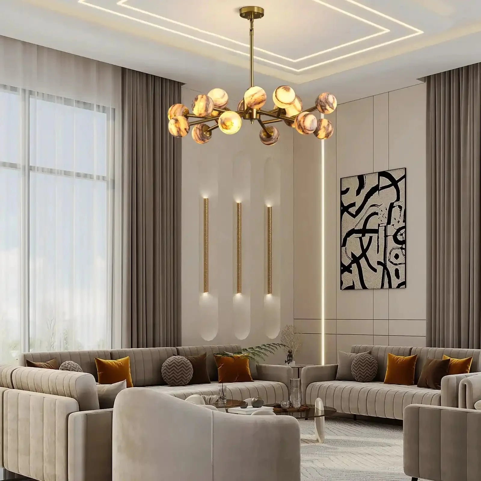 Mid Century Modern Sputnik 12 Light Gold Alabaster Globe Chandelier - winglightingus