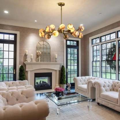 Mid Century Modern Sputnik 12 Light Gold Alabaster Globe Chandelier - winglightingus