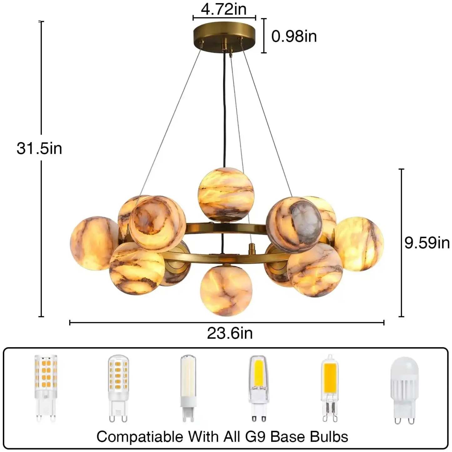 Mid Century Modern Sputnik 12 Light Gold Alabaster Globe Chandelier - winglightingus