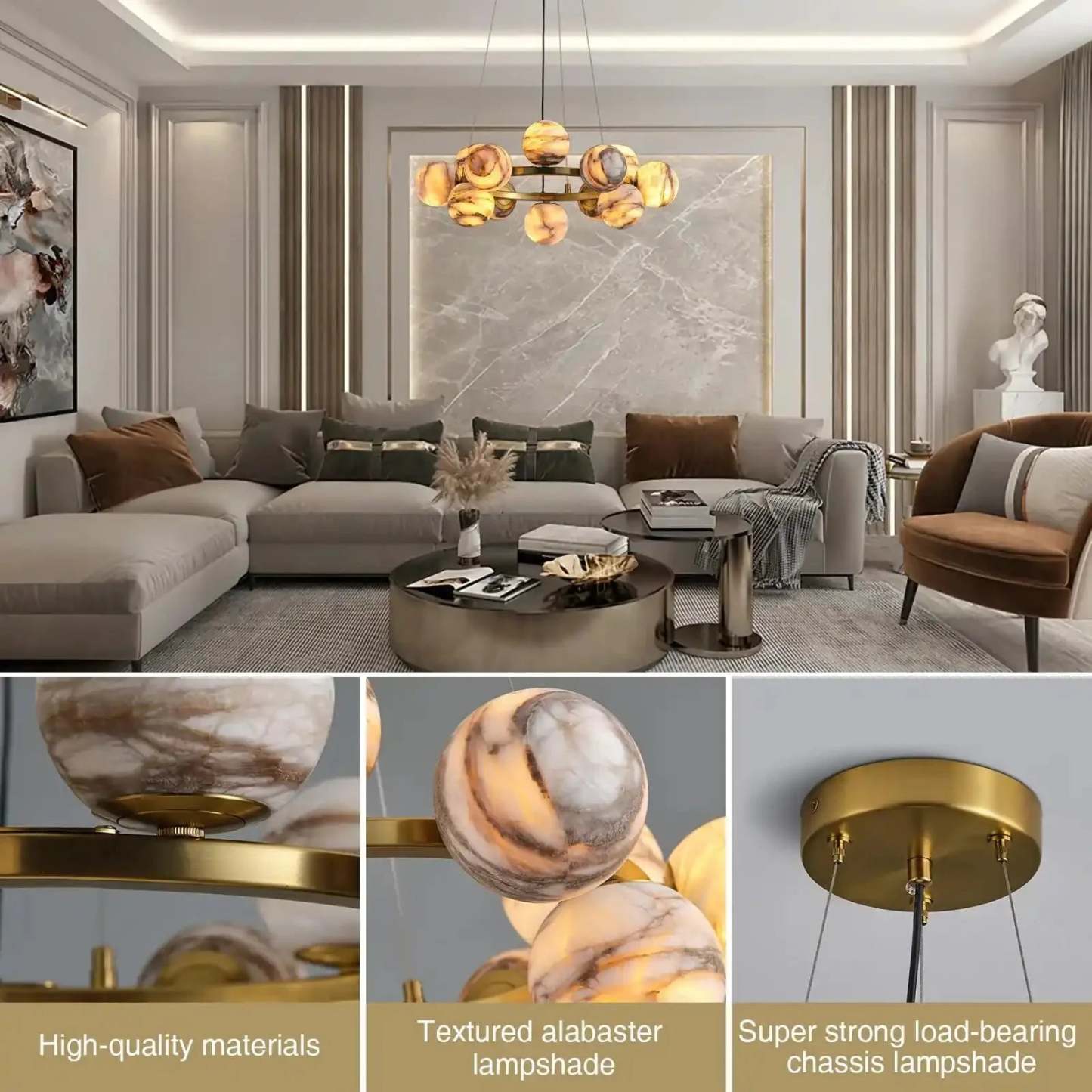 Mid Century Modern Sputnik 12 Light Gold Alabaster Globe Chandelier - winglightingus