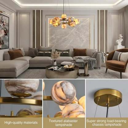 Mid Century Modern Sputnik 12 Light Gold Alabaster Globe Chandelier - winglightingus