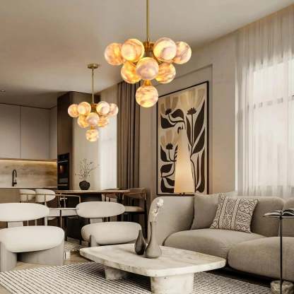 Mid Century Modern Sputnik 12 Light Gold Alabaster Globe Chandelier - winglightingus