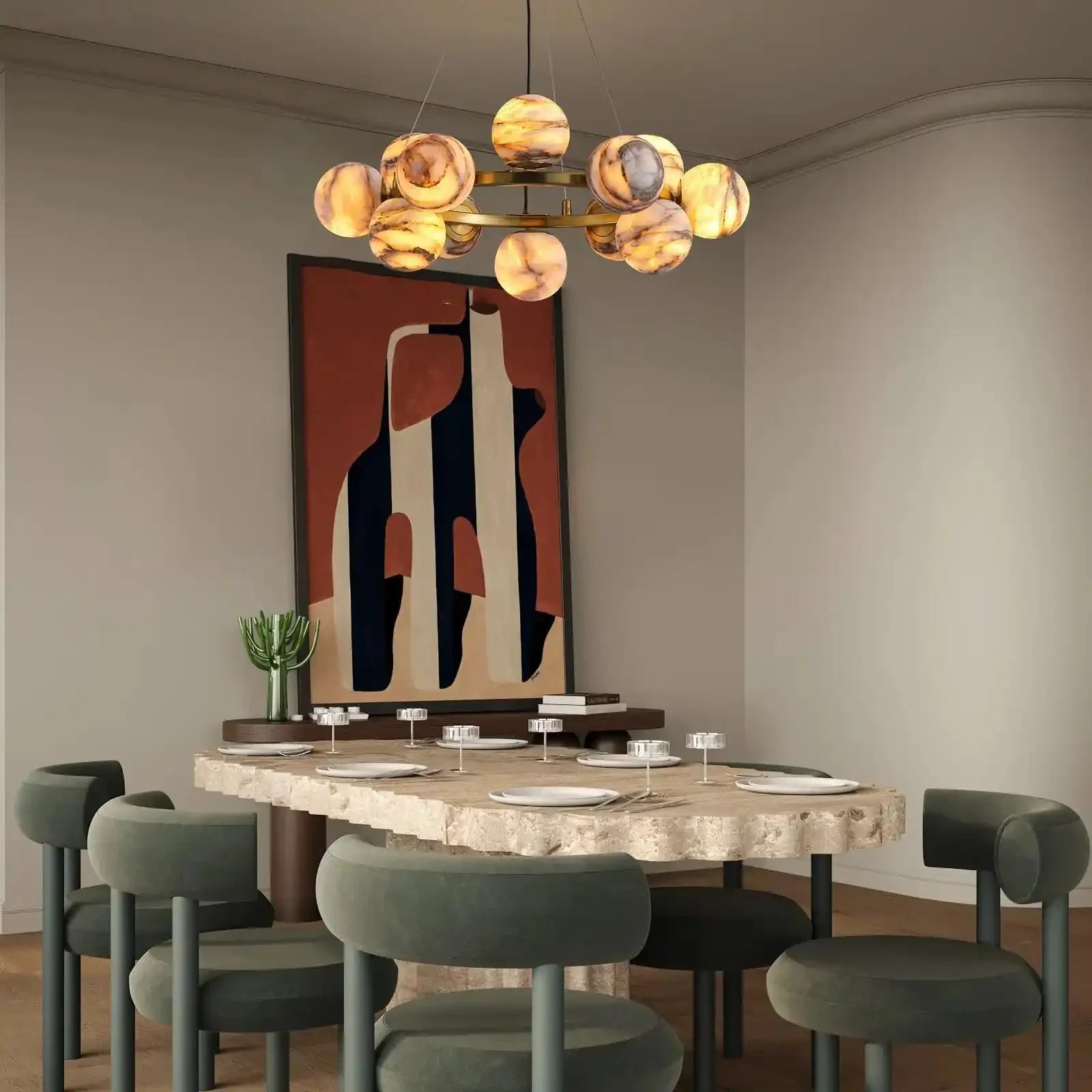 Mid Century Modern Sputnik 12 Light Gold Alabaster Globe Chandelier - winglightingus