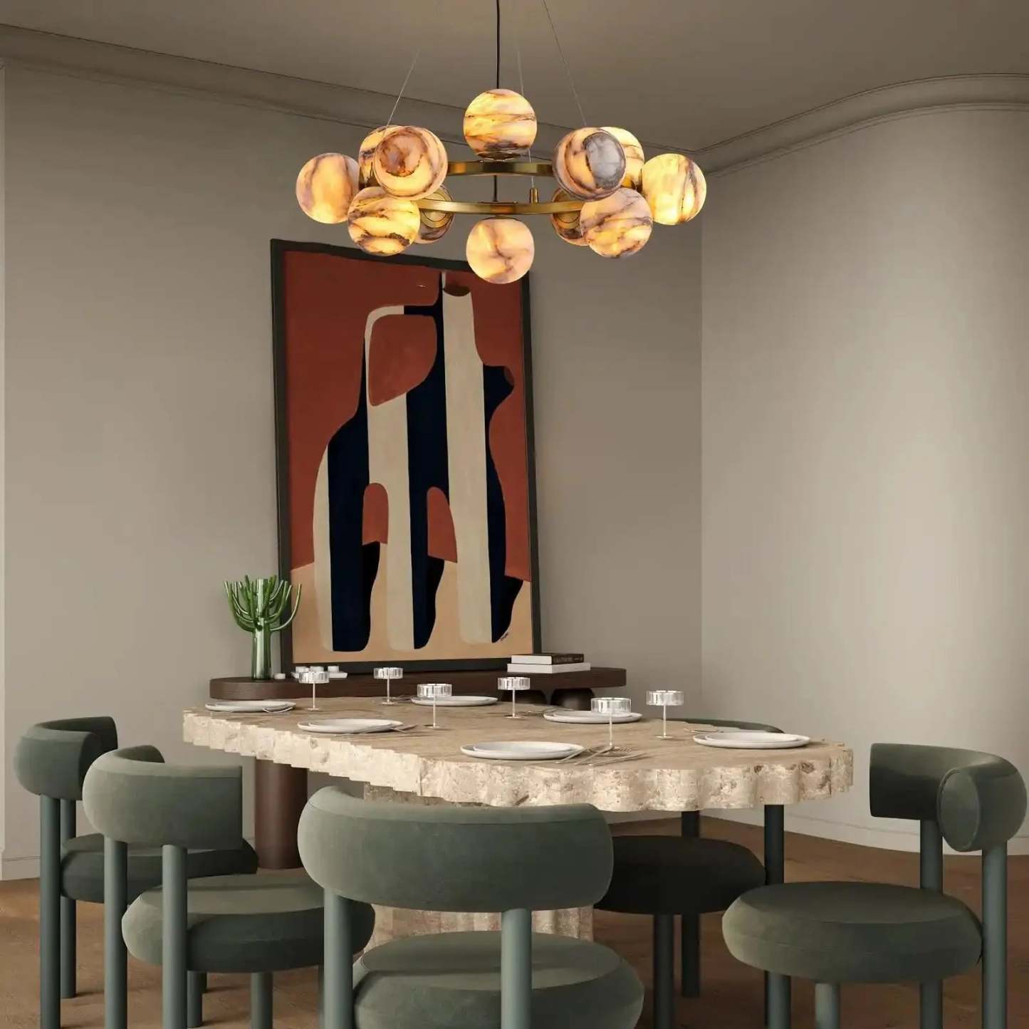 Mid Century Modern Sputnik 12 Light Gold Alabaster Globe Chandelier - winglightingus