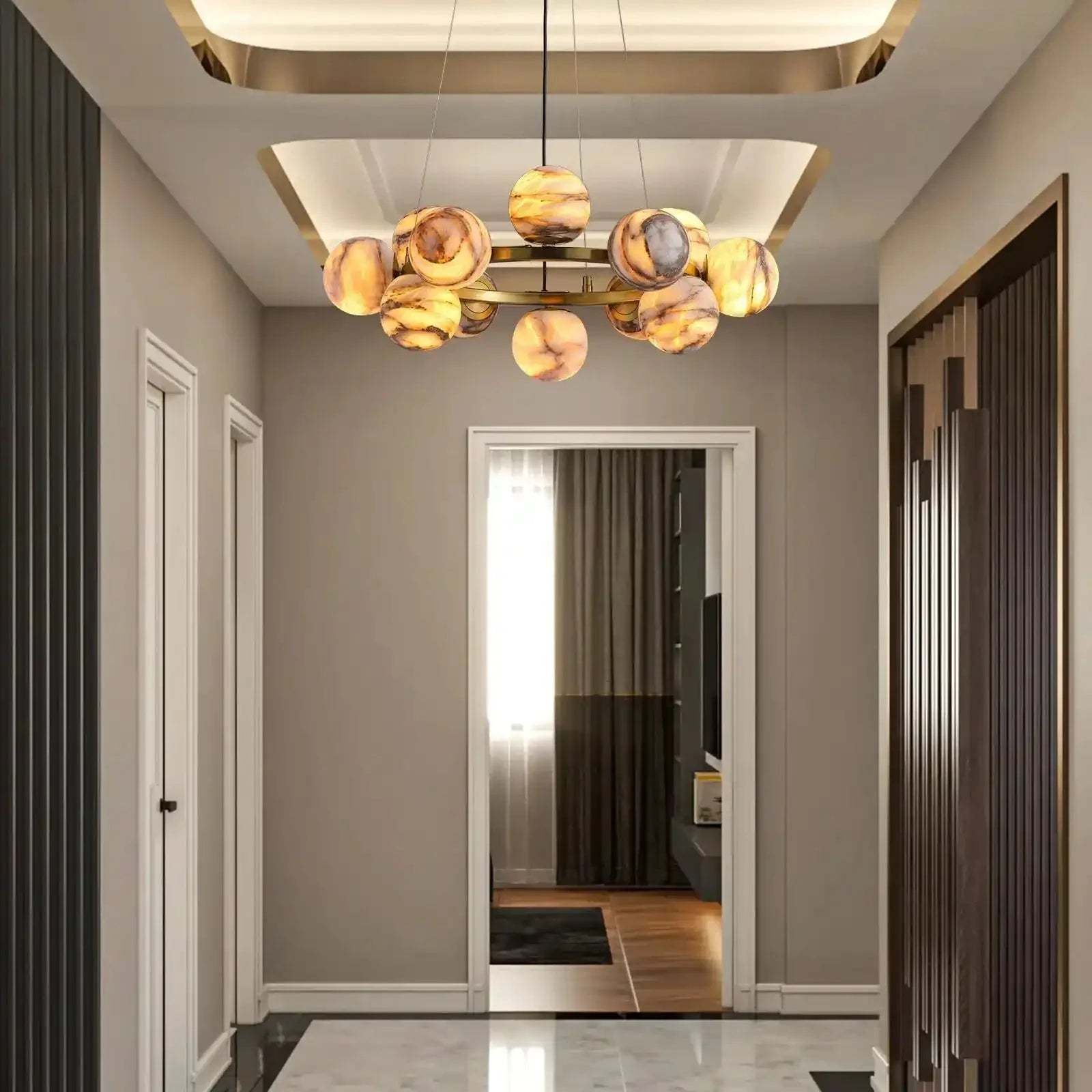 Mid Century Modern Sputnik 12 Light Gold Alabaster Globe Chandelier - winglightingus