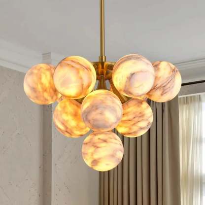 Mid Century Modern Sputnik 12 Light Gold Alabaster Globe Chandelier - winglightingus