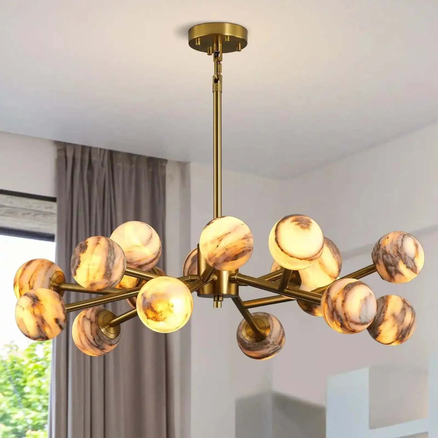 Mid Century Modern Sputnik 12 Light Gold Alabaster Globe Chandelier - winglightingus