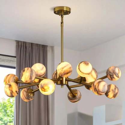 Mid Century Modern Sputnik 12 Light Gold Alabaster Globe Chandelier - winglightingus