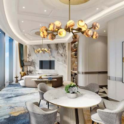 Mid Century Modern Sputnik 12 Light Gold Alabaster Globe Chandelier - winglightingus