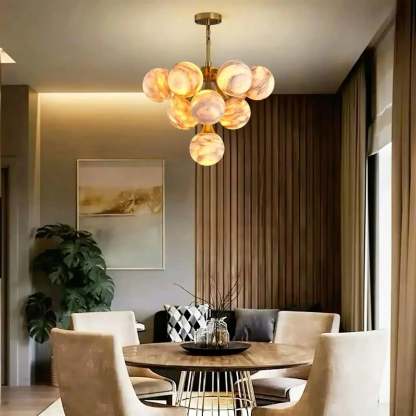 Mid Century Modern Sputnik 12 Light Gold Alabaster Globe Chandelier - winglightingus