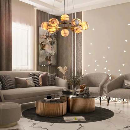 Mid Century Modern Sputnik 12 Light Gold Alabaster Globe Chandelier - winglightingus