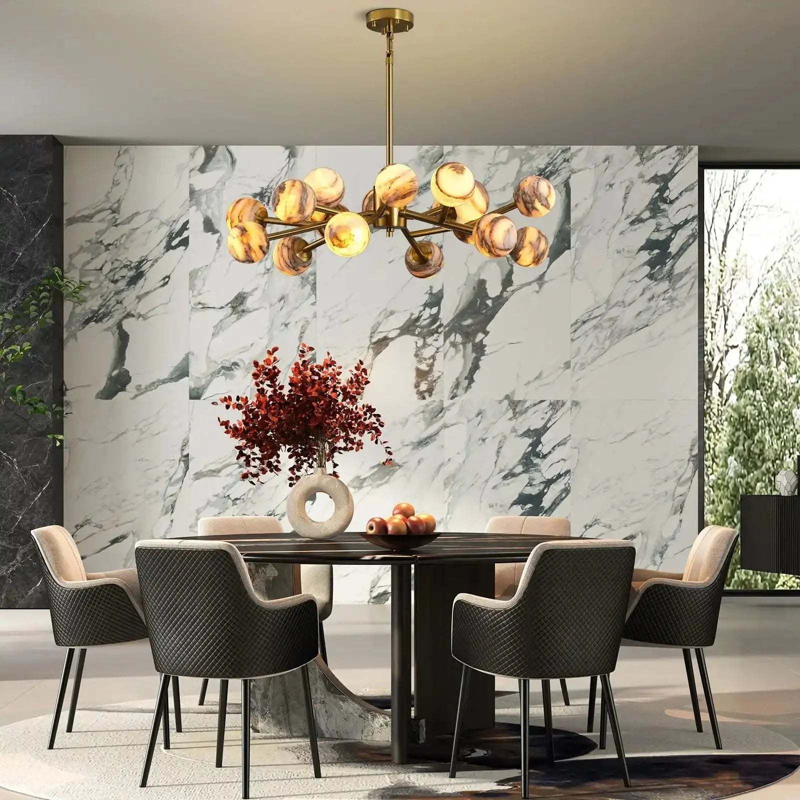 Mid Century Modern Sputnik 12 Light Gold Alabaster Globe Chandelier - winglightingus