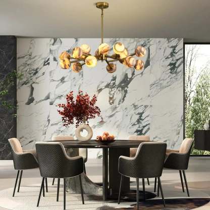 Mid Century Modern Sputnik 12 Light Gold Alabaster Globe Chandelier - winglightingus