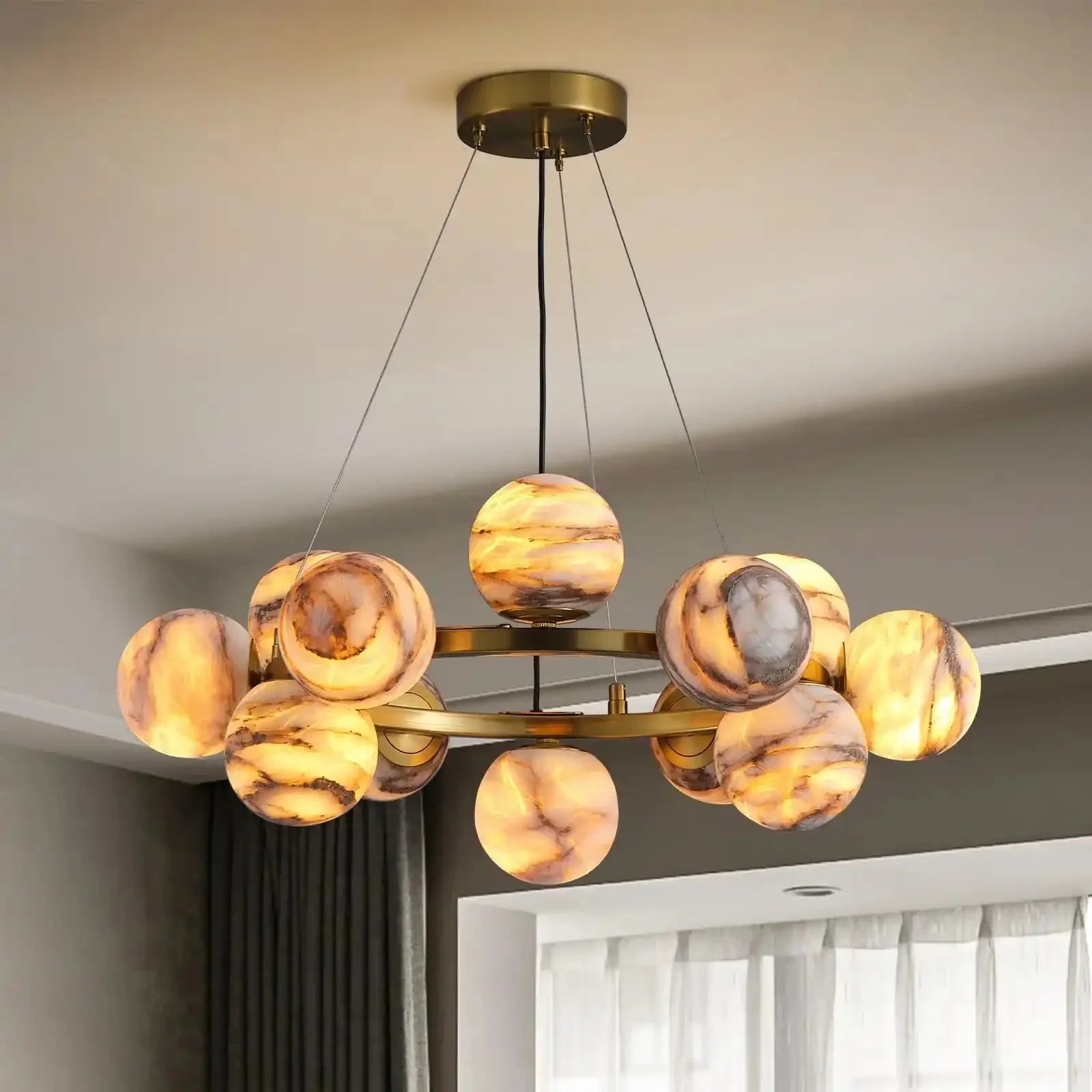 Mid Century Modern Sputnik 12 Light Gold Alabaster Globe Chandelier - winglightingus
