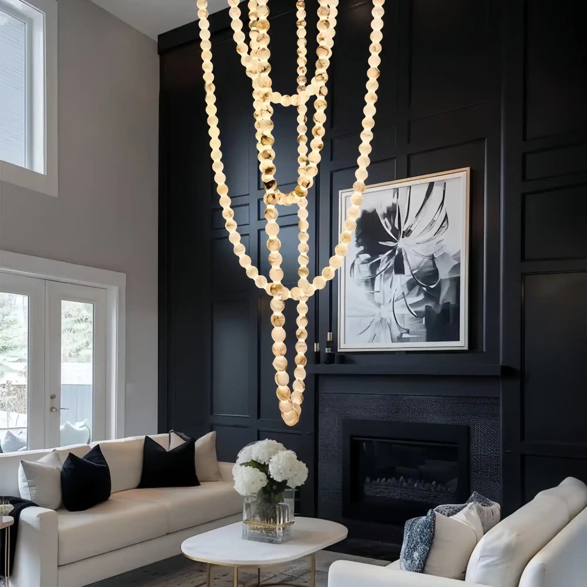 Modern LED Natural Alabaster Globes Beads Hanging Chandelier Indoor Lighting Fixture - 167 globes - L100+L200+L400+L500CM/L40"+L80"+L157"+L197"Neutral Light (4000K)Black + Whitewinglightingus