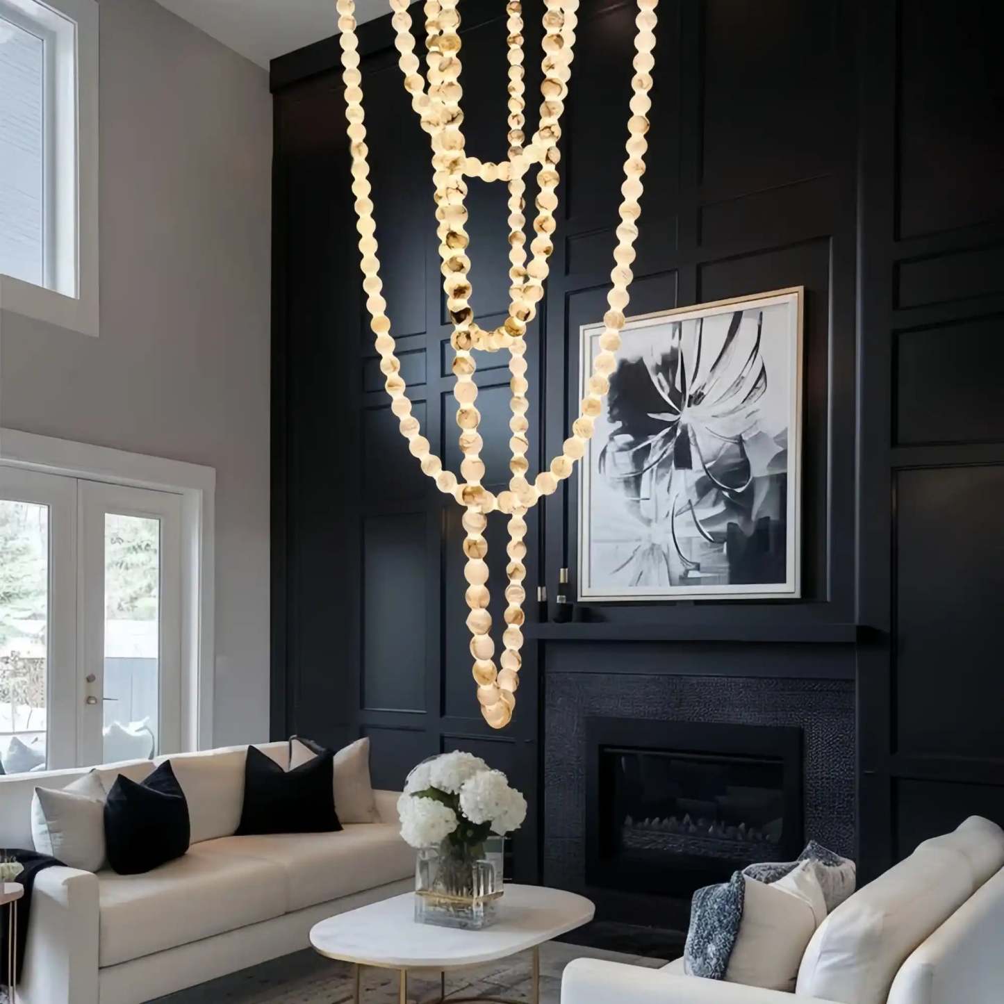 Modern LED Natural Alabaster Globes Beads Hanging Chandelier Indoor Lighting Fixture - 167 globes - L100+L200+L400+L500CM/L40"+L80"+L157"+L197"Neutral Light (4000K)Black + Whitewinglightingus