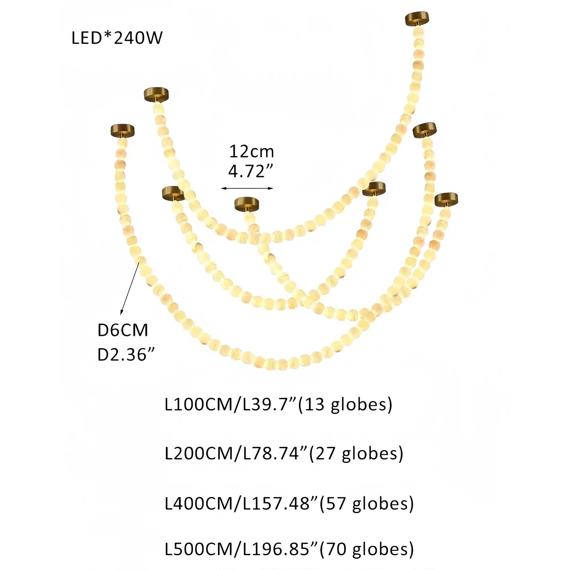 Modern LED Natural Alabaster Globes Beads Hanging Chandelier Indoor Lighting Fixture - 167 globes - L100+L200+L400+L500CM/L40"+L80"+L157"+L197"Warm Light (3000K)Brass + Whitewinglightingus