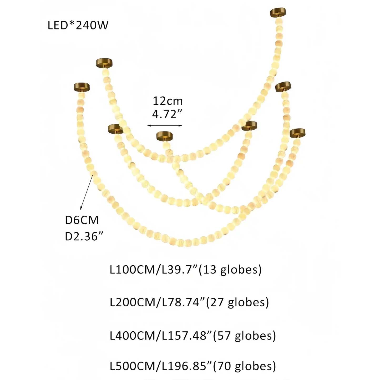 Modern LED Natural Alabaster Globes Beads Hanging Chandelier Indoor Lighting Fixture - 167 globes - L100+L200+L400+L500CM/L40"+L80"+L157"+L197"Warm Light (3000K)Brass + Whitewinglightingus