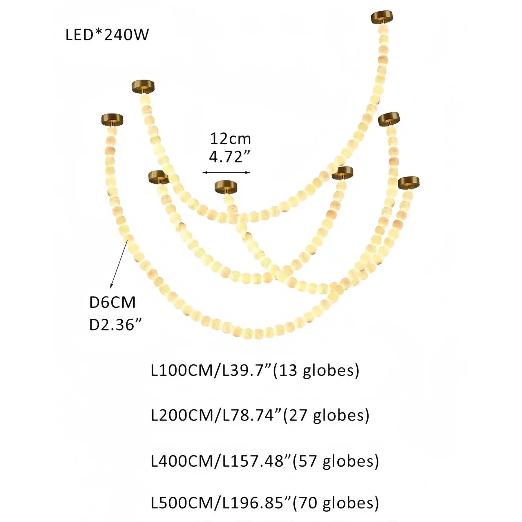 Modern LED Natural Alabaster Globes Beads Hanging Chandelier Indoor Lighting Fixture - 167 globes - L100+L200+L400+L500CM/L40"+L80"+L157"+L197"Warm Light (3000K)Brass + Whitewinglightingus