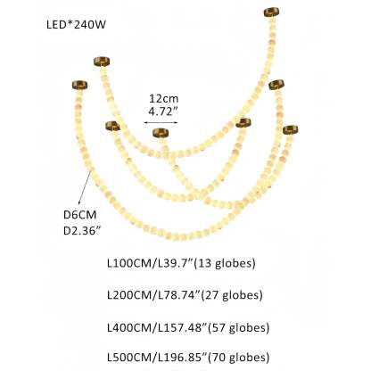 Modern LED Natural Alabaster Globes Beads Hanging Chandelier Indoor Lighting Fixture - 167 globes - L100+L200+L400+L500CM/L40"+L80"+L157"+L197"Warm Light (3000K)Brass + Whitewinglightingus