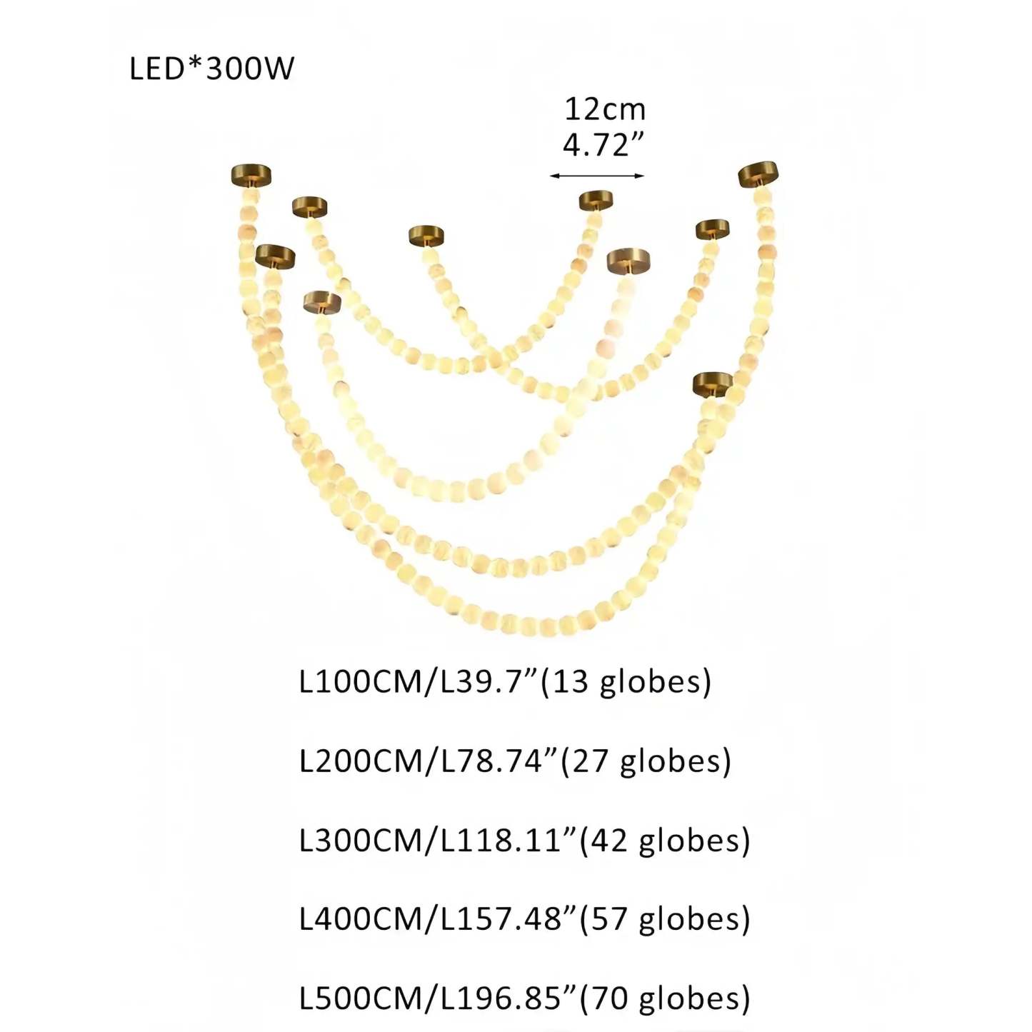 Modern LED Natural Alabaster Globes Beads Hanging Chandelier Indoor Lighting Fixture - 209 globes - L100+L200+L300+L400+L500CM/L40"+L80"+L118"+L157"+L197"Warm Light (3000K)Brass + Whitewinglightingus