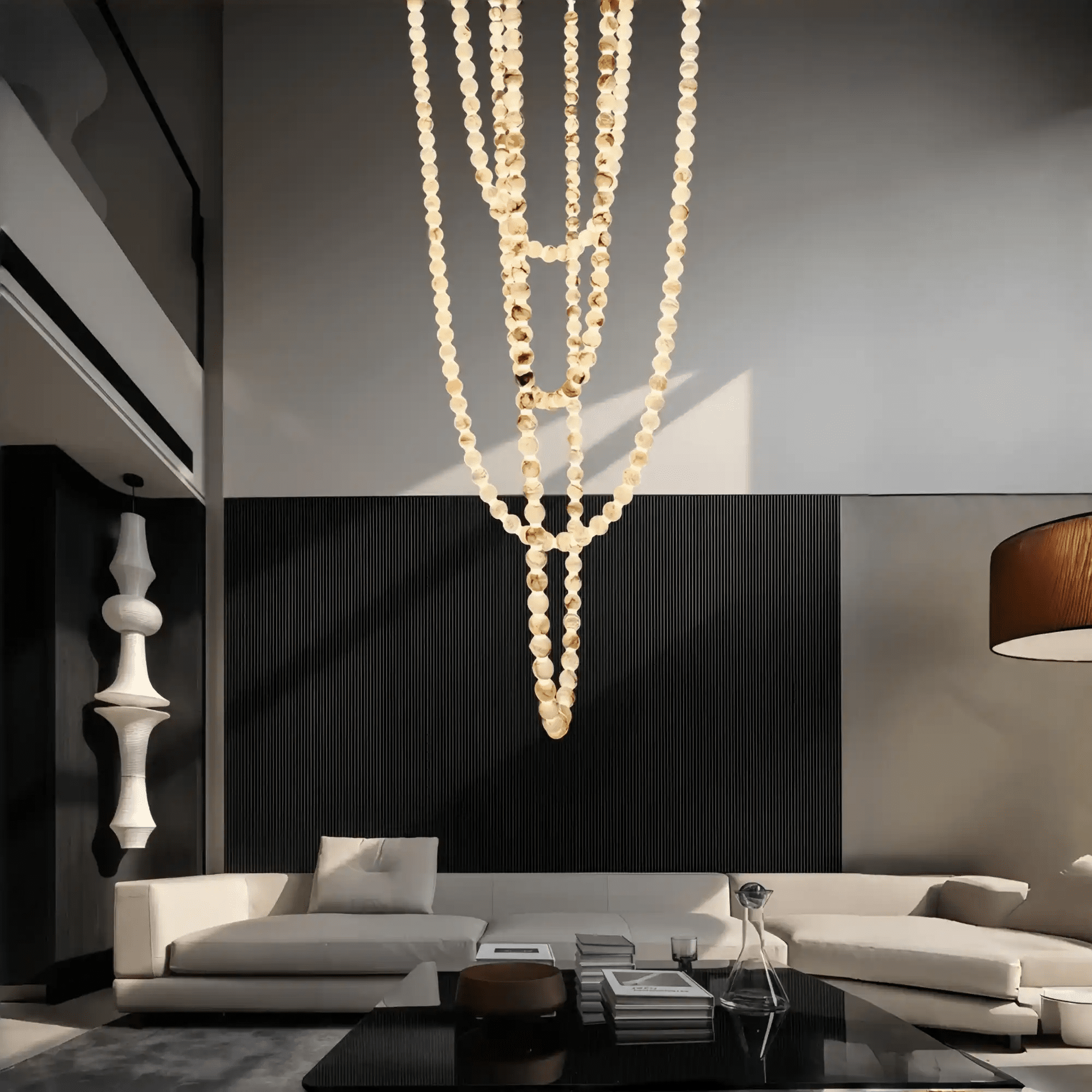 Modern LED Natural Alabaster Globes Beads Hanging Chandelier Indoor Lighting Fixture - 209 globes - L100+L200+L300+L400+L500CM/L40"+L80"+L118"+L157"+L197"Neutral Light (4000K)Brass + Whitewinglightingus