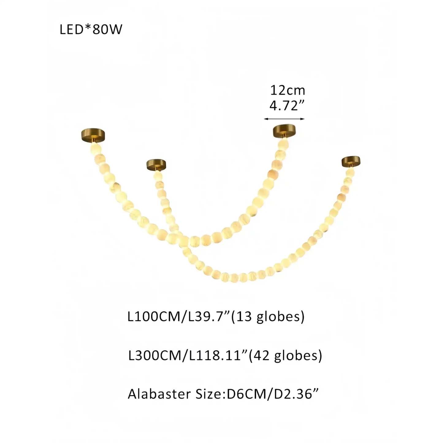 Modern LED Natural Alabaster Globes Beads Hanging Chandelier Indoor Lighting Fixture - 55 globes - L100+L300CM/L40"+L118"Warm Light (3000K)Brass + Whitewinglightingus