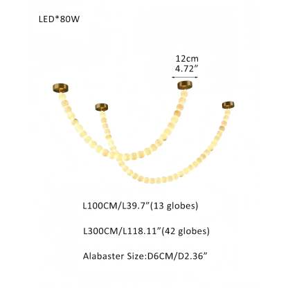 Modern LED Natural Alabaster Globes Beads Hanging Chandelier Indoor Lighting Fixture - 55 globes - L100+L300CM/L40"+L118"Warm Light (3000K)Brass + Whitewinglightingus