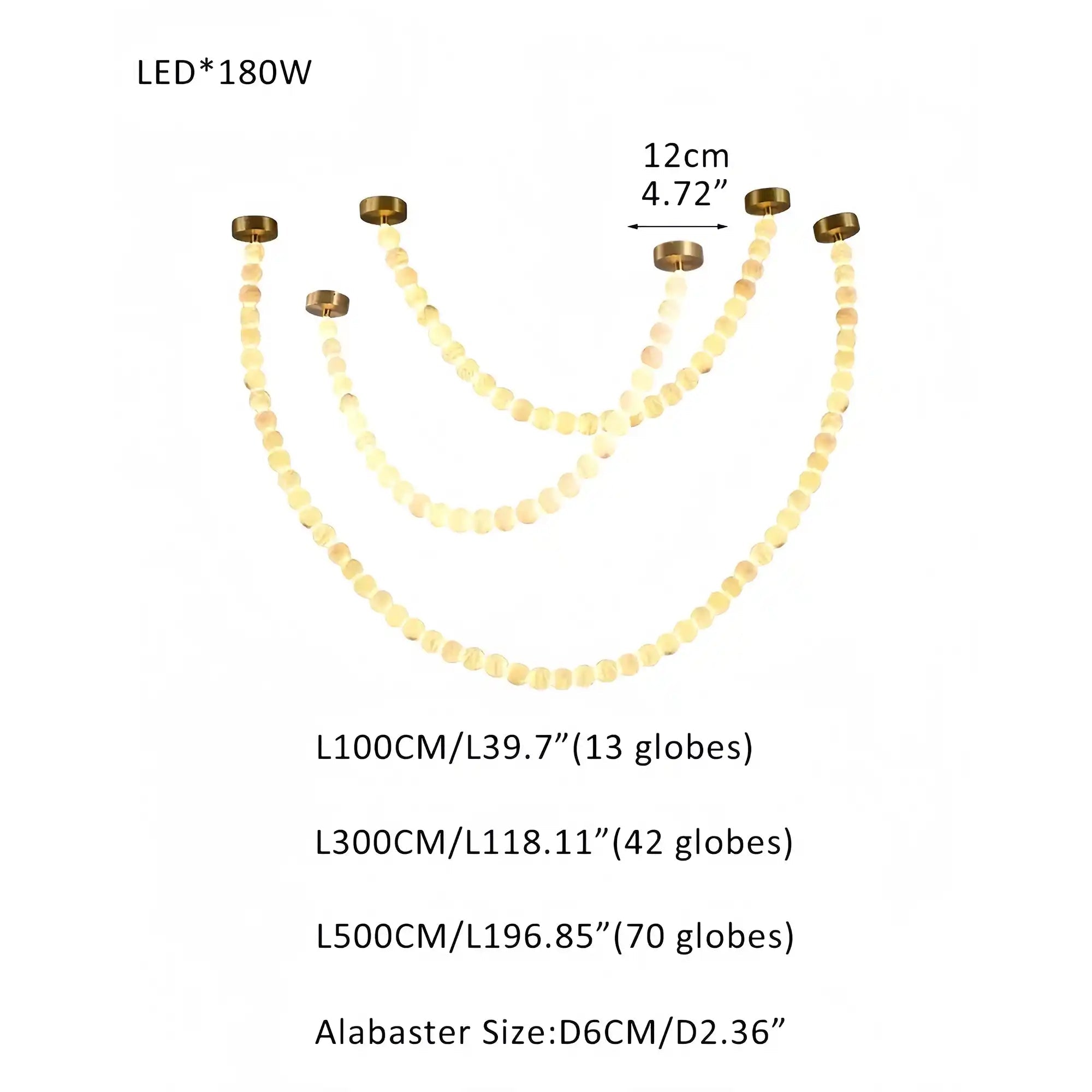 Modern LED Natural Alabaster Globes Beads Hanging Chandelier Indoor Lighting Fixture - 125 globes - L100+L300+L500CM/L40"+L118"+L197"Warm Light (3000K)Brass + Whitewinglightingus